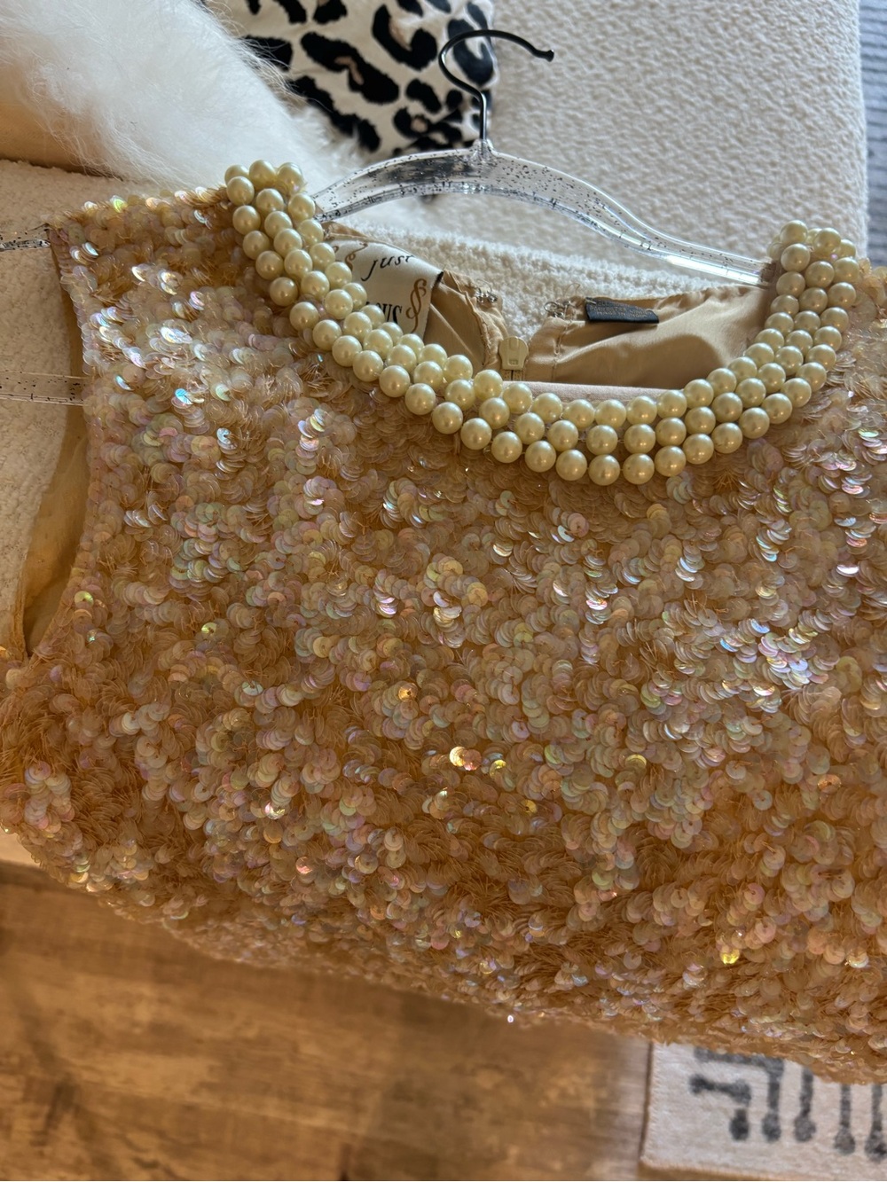 JustFab Sequin Pearl Collar Dress in Champagne Gold